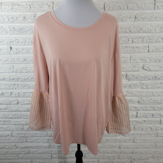 Maette Womens Top 1X Plus Tunic 3/4 Giant Chiffon Bell Sleeve Pink Cotton Blend