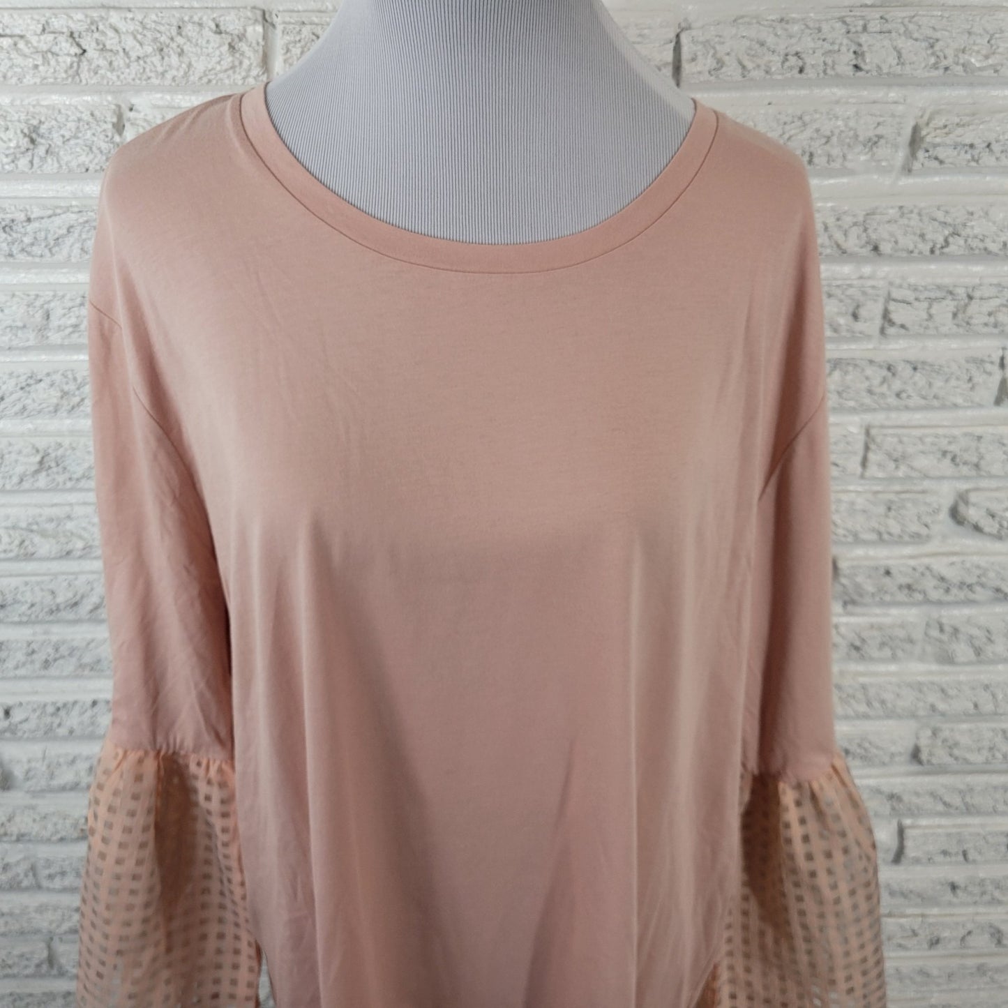 Maette Womens Top 1X Plus Tunic 3/4 Giant Chiffon Bell Sleeve Pink Cotton Blend