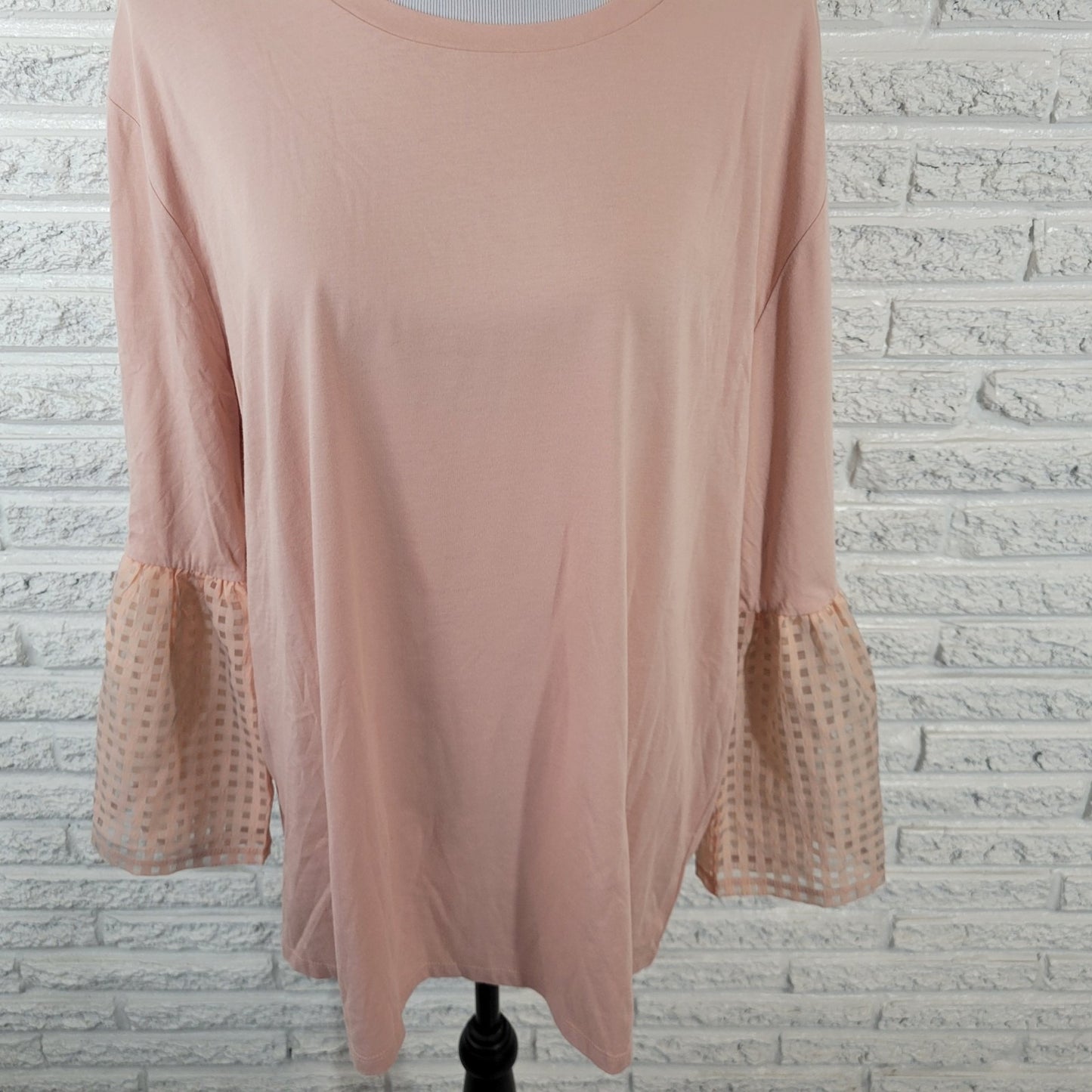 Maette Womens Top 1X Plus Tunic 3/4 Giant Chiffon Bell Sleeve Pink Cotton Blend