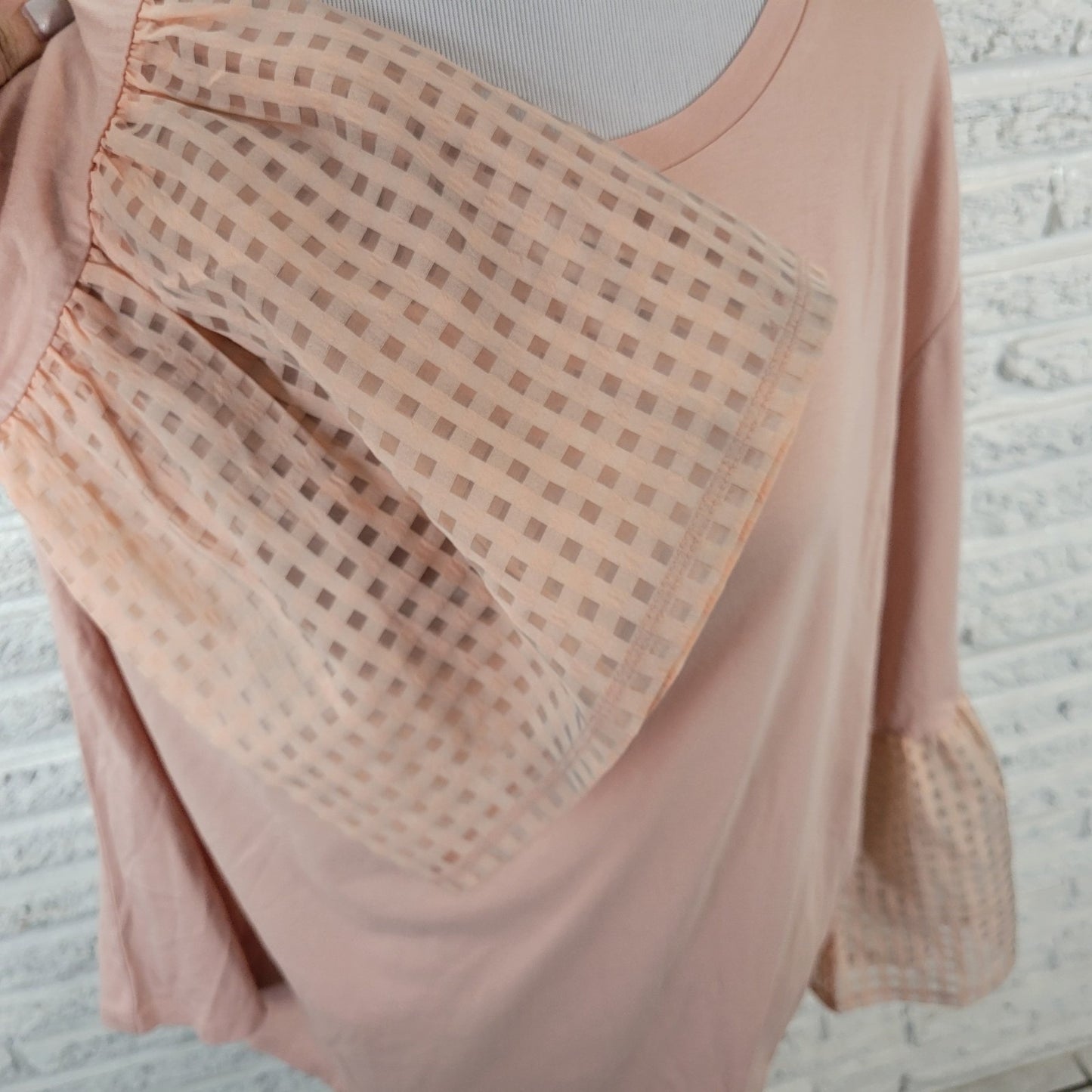 Maette Womens Top 1X Plus Tunic 3/4 Giant Chiffon Bell Sleeve Pink Cotton Blend