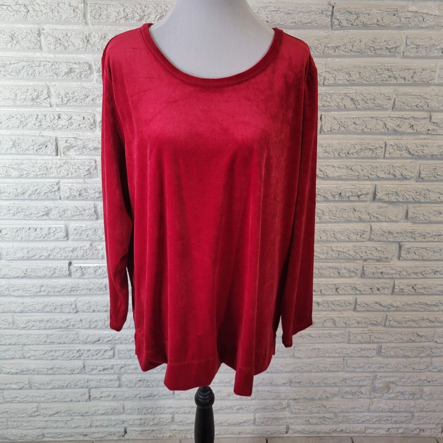 Woman Within Women Top 1X 22 24 Plus Long Sleeve Red Velour Soft Comfy Polyester
