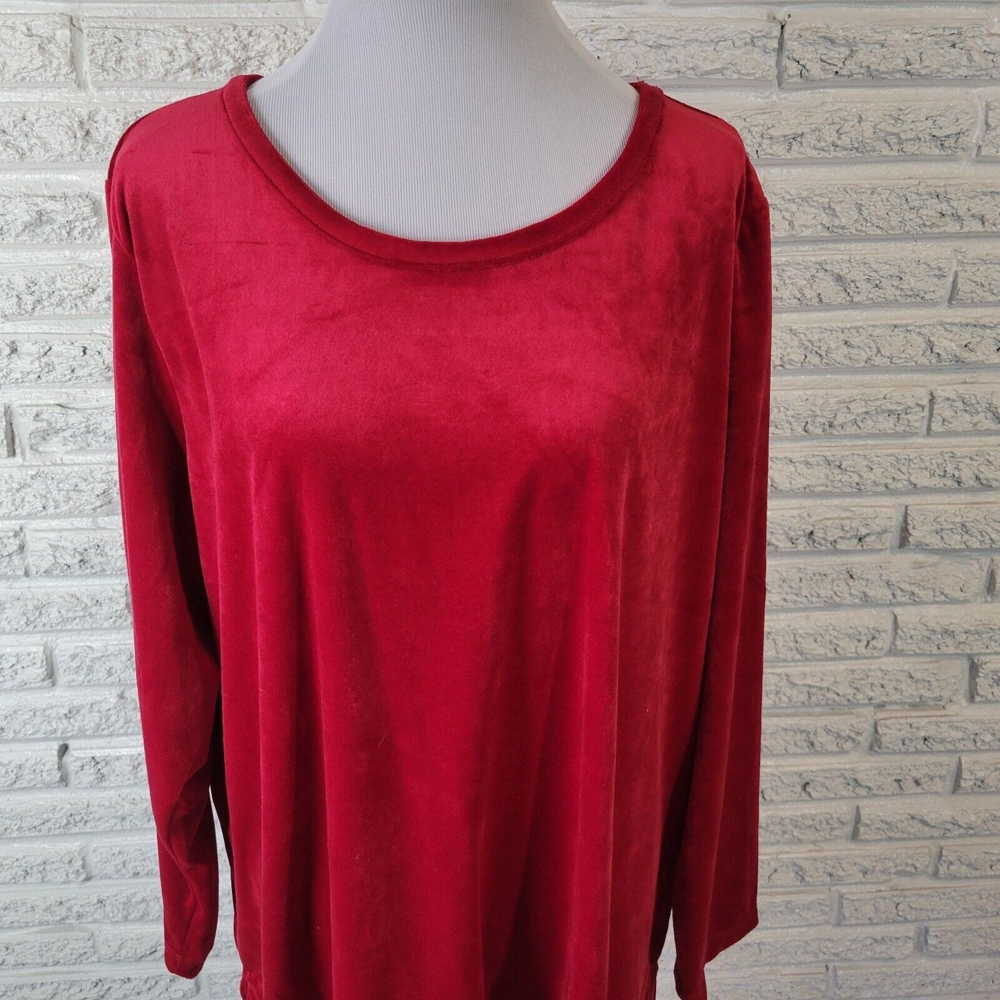 Woman Within Women Top 1X 22 24 Plus Long Sleeve Red Velour Soft Comfy Polyester