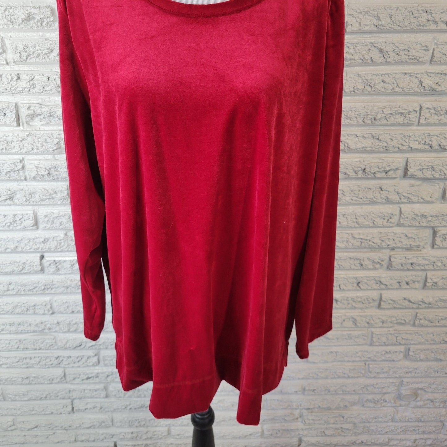 Woman Within Women Top 1X 22 24 Plus Long Sleeve Red Velour Soft Comfy Polyester