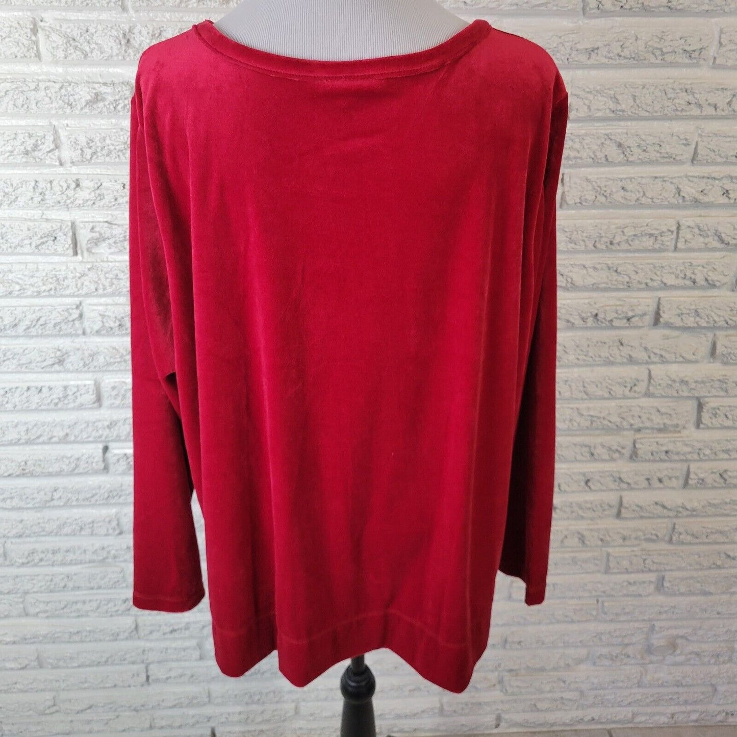 Woman Within Women Top 1X 22 24 Plus Long Sleeve Red Velour Soft Comfy Polyester