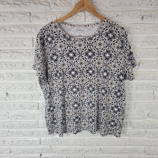 Croft & Barrow Women's 2X Plus Size Black White Beige Geometric Cotton Tee Top