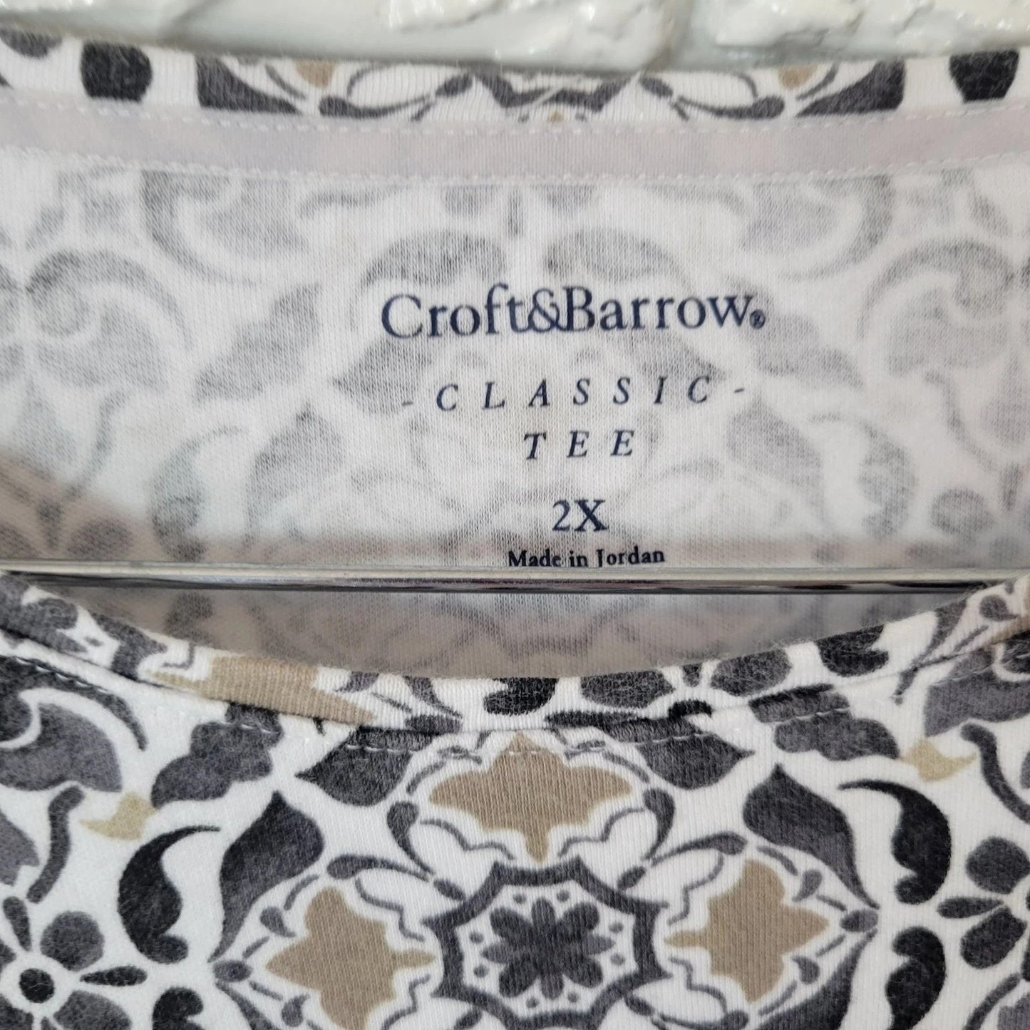 Croft & Barrow Women's 2X Plus Size Black White Beige Geometric Cotton Tee Top