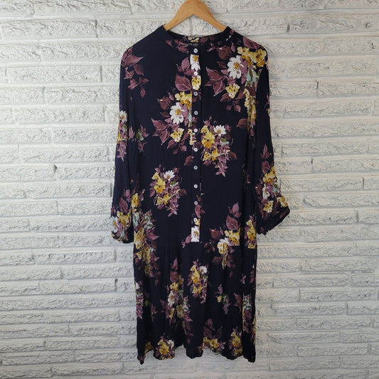 Japparel Women Dress 1X Plus Fit Flare Roll Tab Sleeve Blue Floral Crinkle Crepe