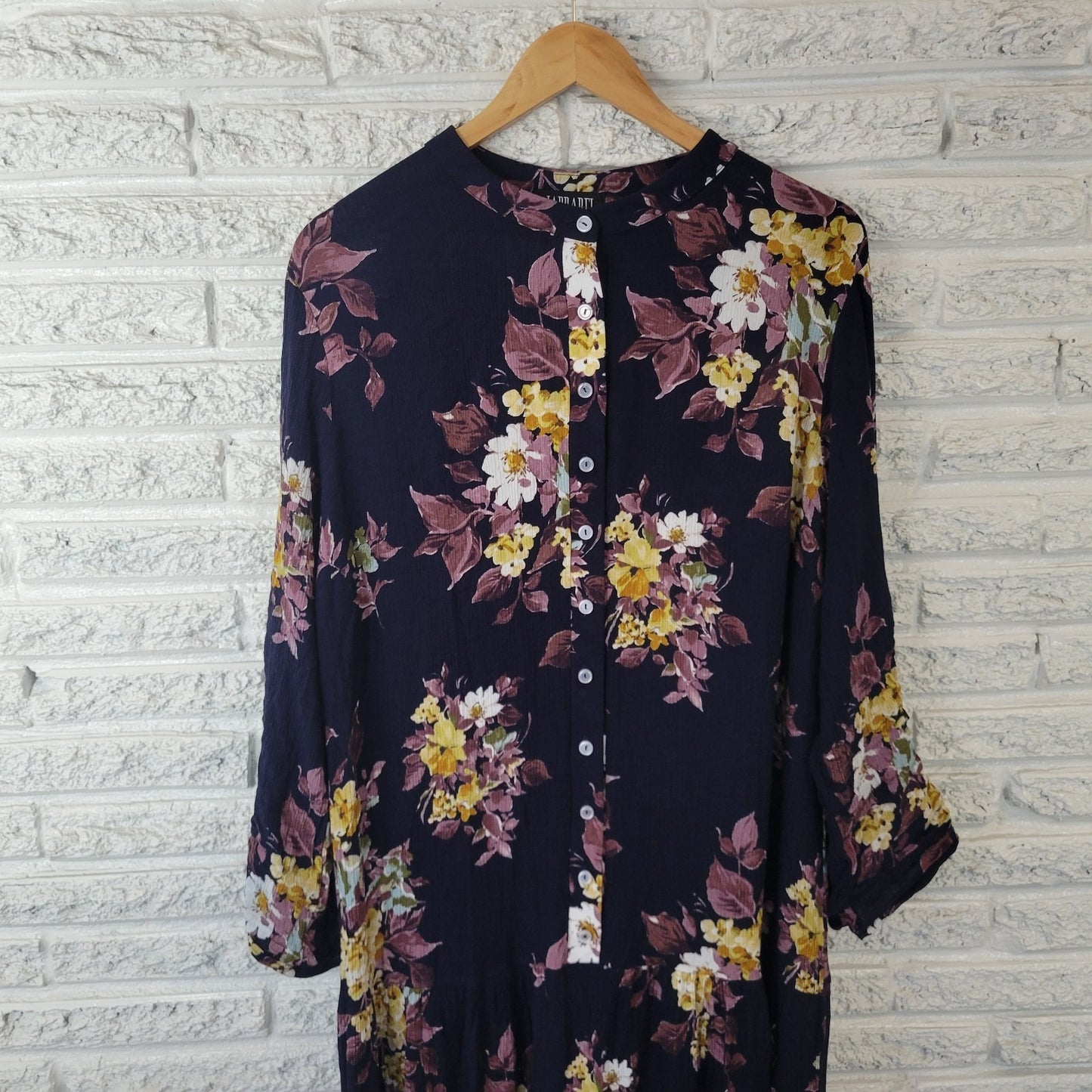 Japparel Women Dress 1X Plus Fit Flare Roll Tab Sleeve Blue Floral Crinkle Crepe