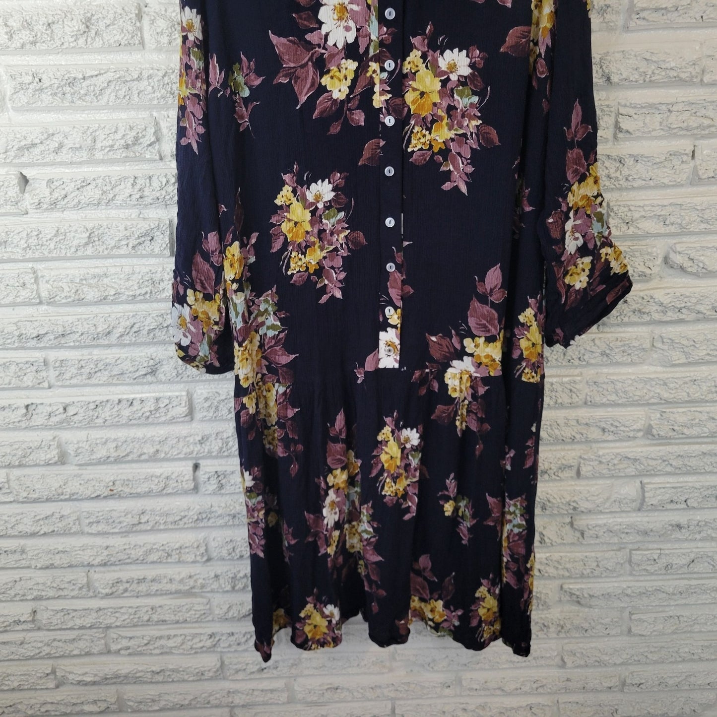 Japparel Women Dress 1X Plus Fit Flare Roll Tab Sleeve Blue Floral Crinkle Crepe