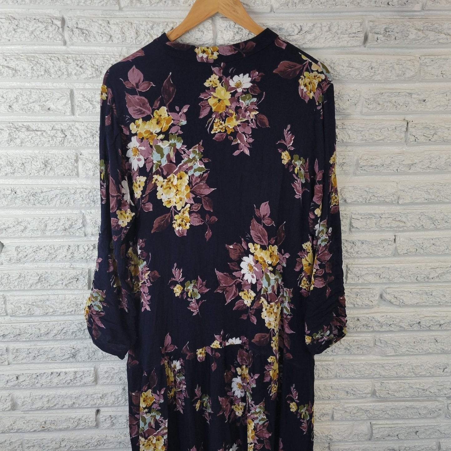 Japparel Women Dress 1X Plus Fit Flare Roll Tab Sleeve Blue Floral Crinkle Crepe