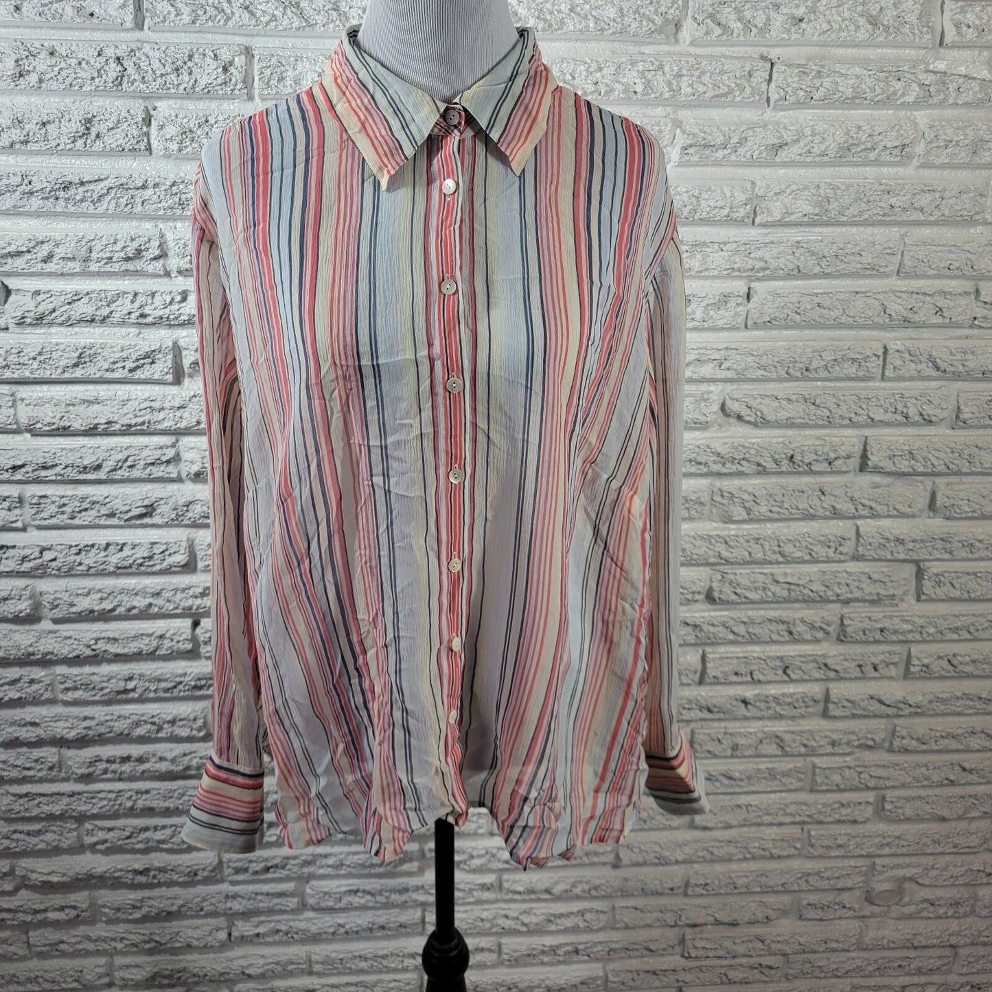 Talbots Women Top 18W Plus Long Sleeve Pink Stripe Silk Sheer Lightweight Button