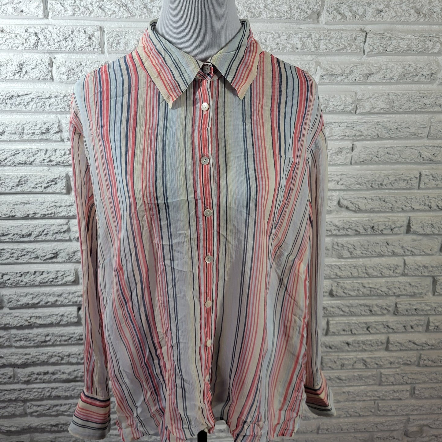 Talbots Women Top 18W Plus Long Sleeve Pink Stripe Silk Sheer Lightweight Button