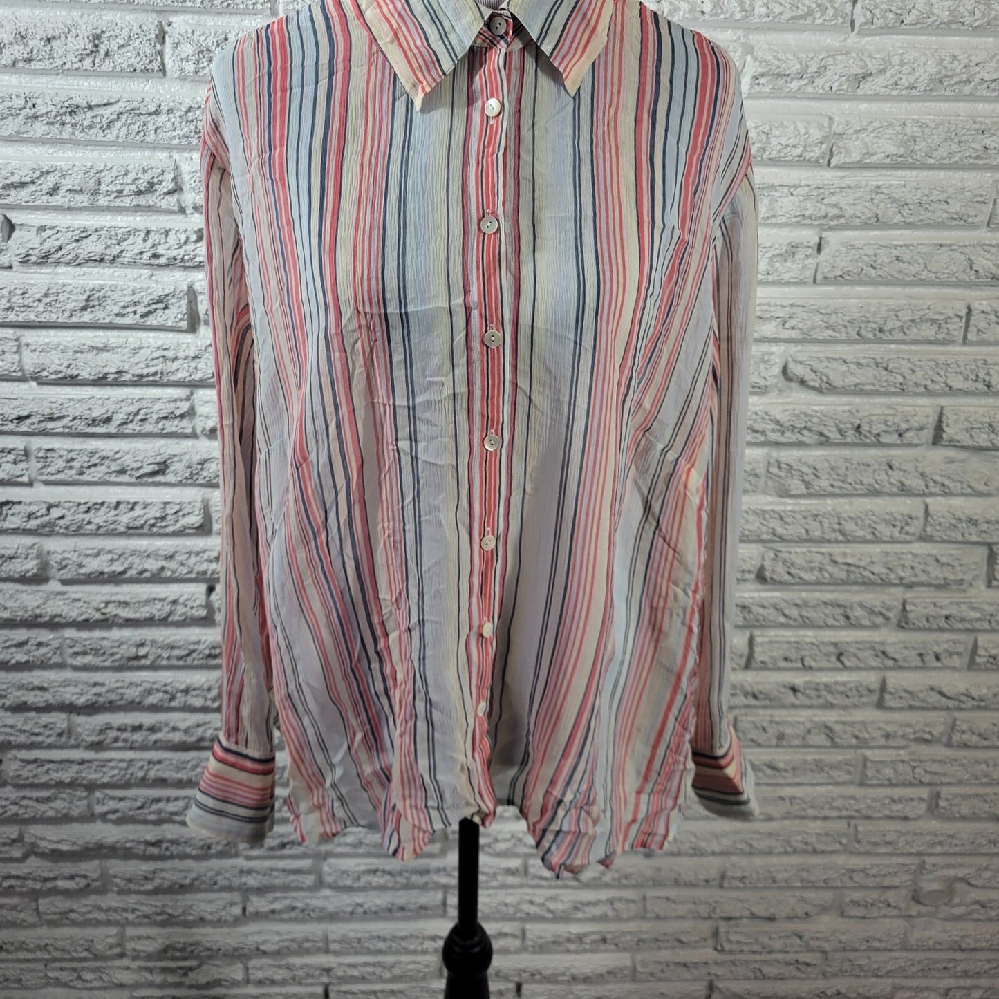 Talbots Women Top 18W Plus Long Sleeve Pink Stripe Silk Sheer Lightweight Button