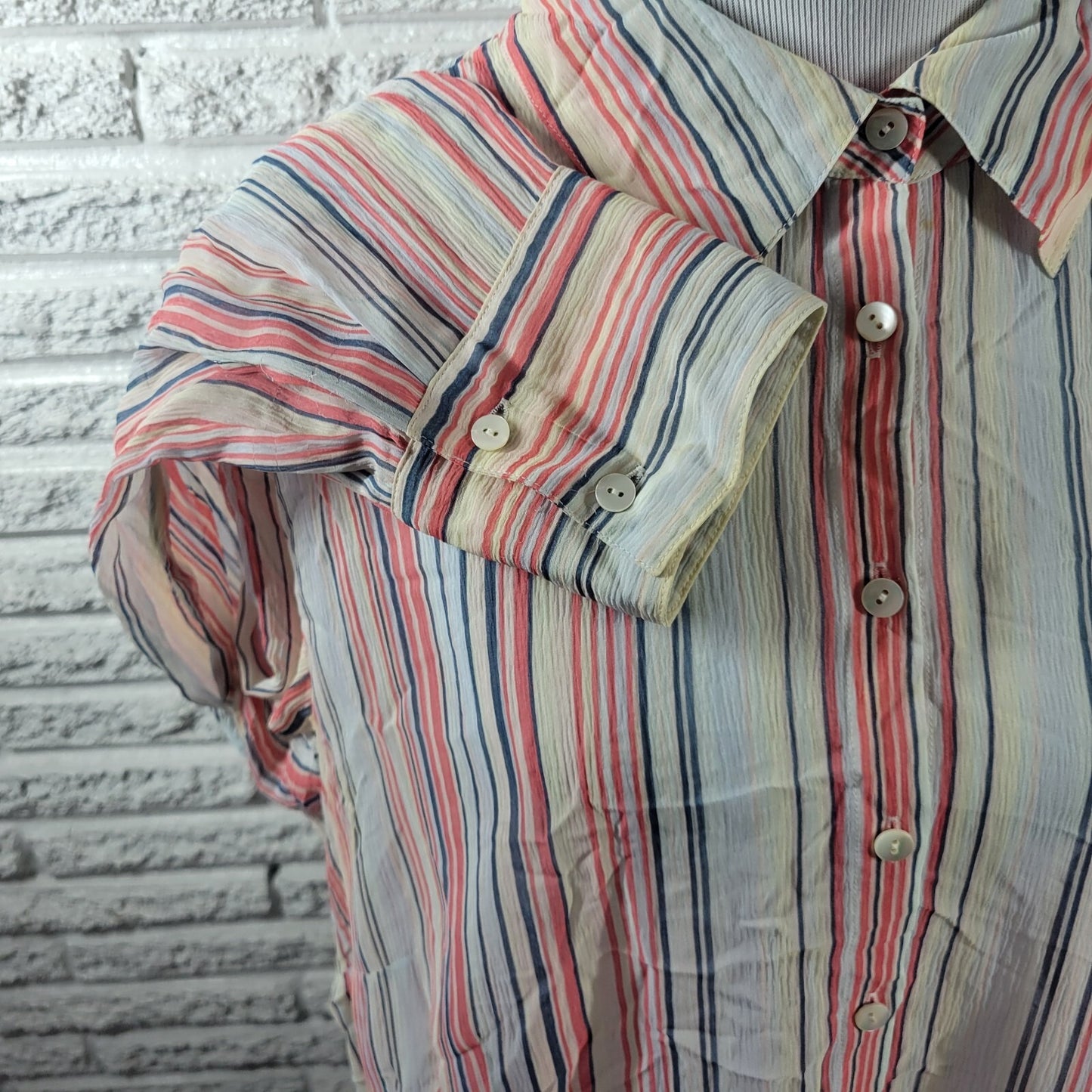 Talbots Women Top 18W Plus Long Sleeve Pink Stripe Silk Sheer Lightweight Button
