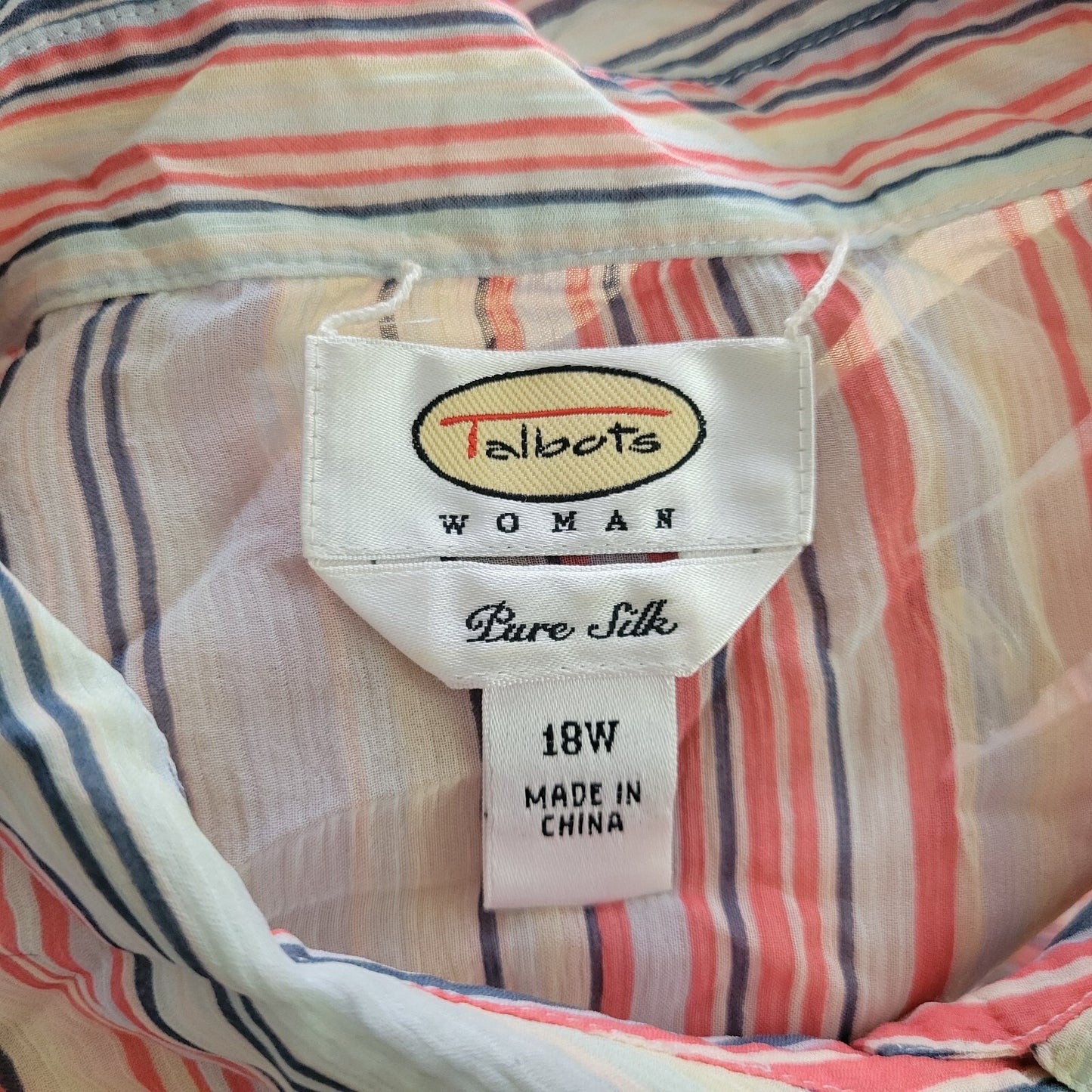 Talbots Women Top 18W Plus Long Sleeve Pink Stripe Silk Sheer Lightweight Button
