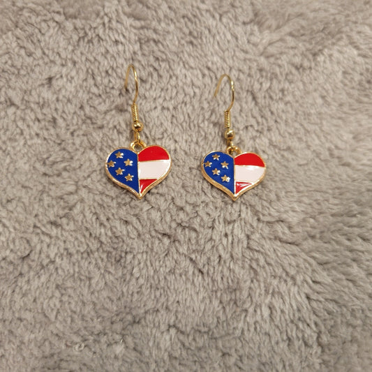 Fourth of July Patriotic Women Earrings USA Flag Heart Hanging Dangle Zinc Alloy