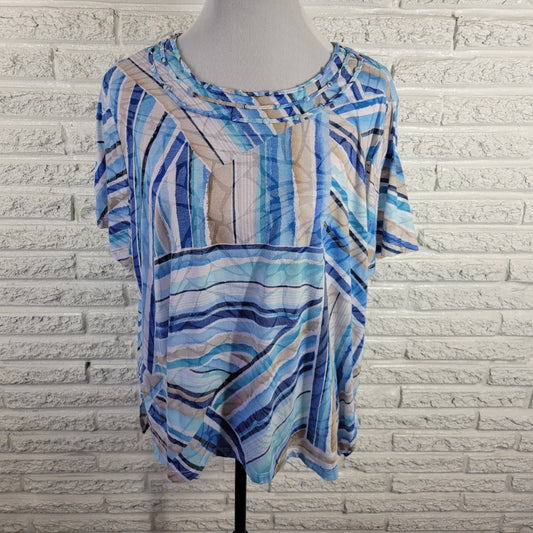 Alfred Dunner Womens Tee Top 2X Plus Blue Tan Geometric Knot Neck Stretch
