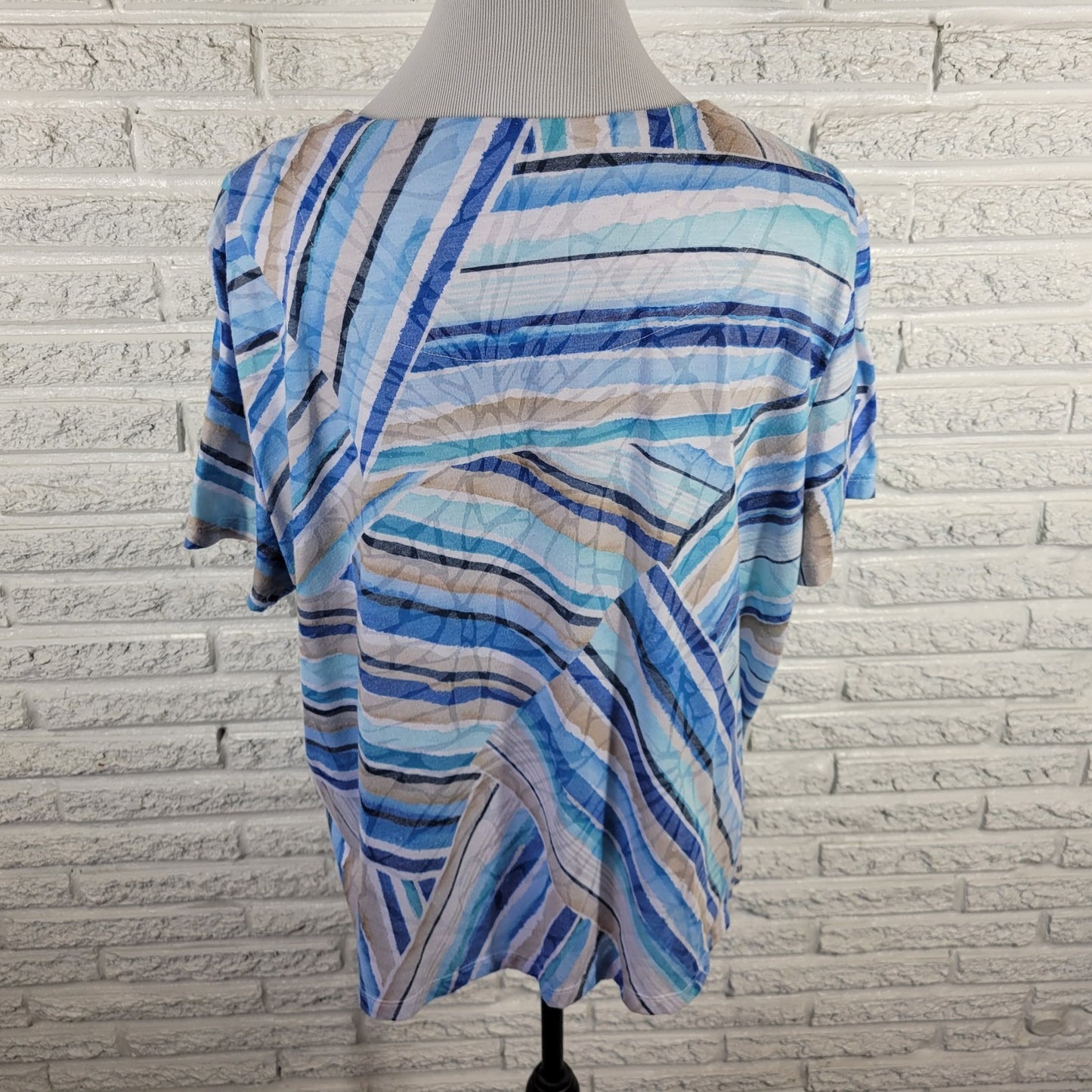 Alfred Dunner Womens Tee Top 2X Plus Blue Tan Geometric Knot Neck Stretch