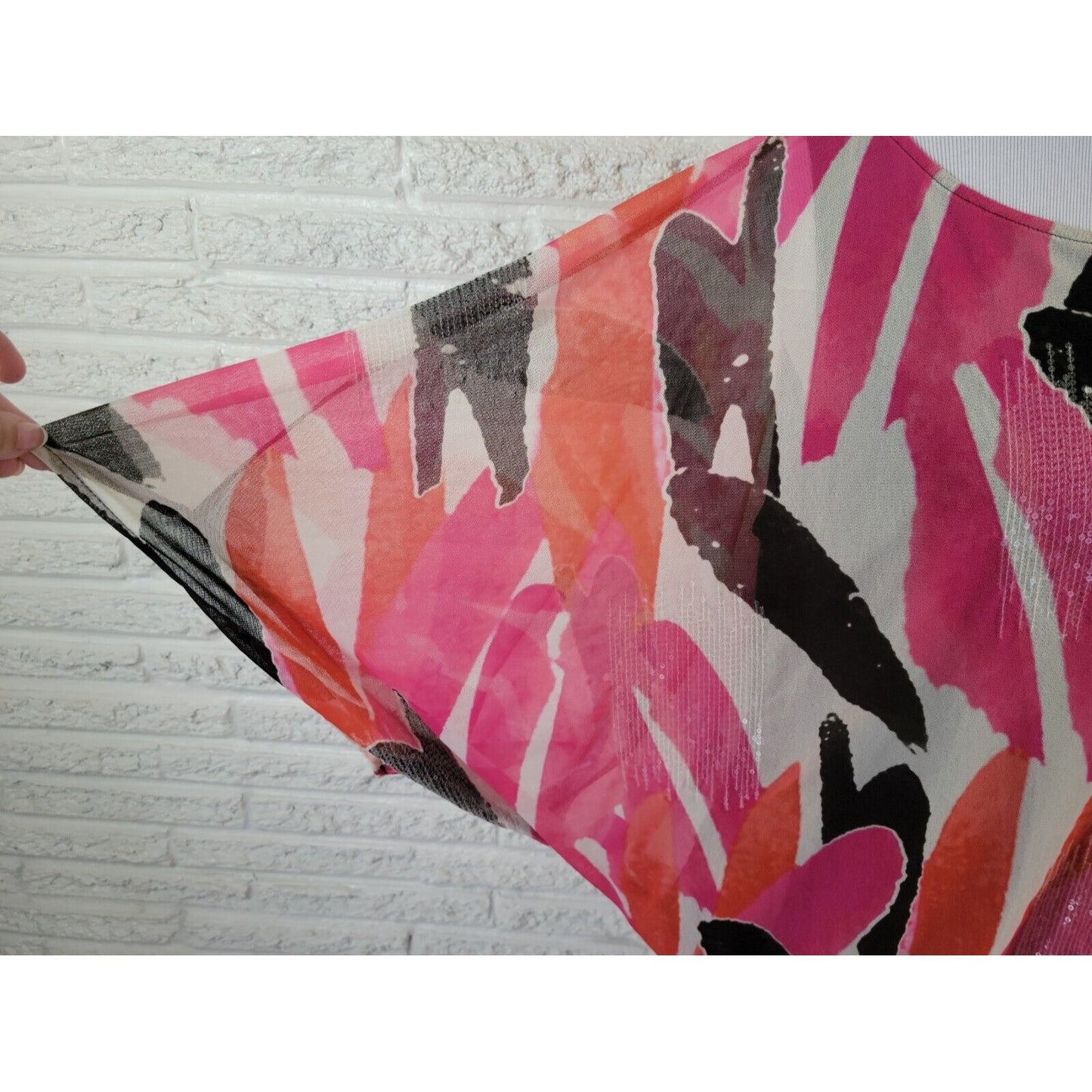 Alfani Womens Top 0X Plus Tunic Batwing Pink Watercolor Lined Sequins Career