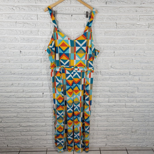 Ashley Stewart Women's 30/32 Plus Blue Yellow Geometric Sleeveless V-Neck Midi