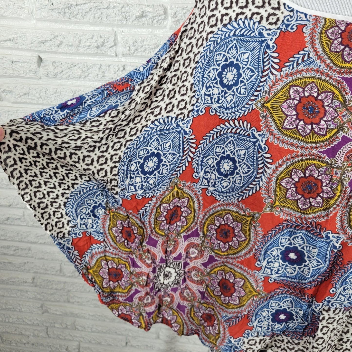 Chicos Womens Top L XL Batwing Sleeve Red Blue Geometric Semi Sheer Lightweight