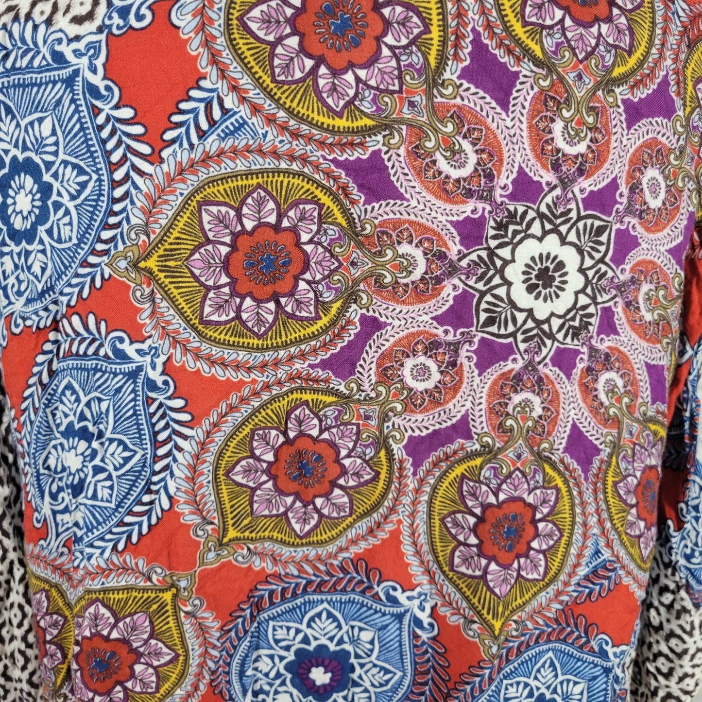 Chicos Womens Top L XL Batwing Sleeve Red Blue Geometric Semi Sheer Lightweight