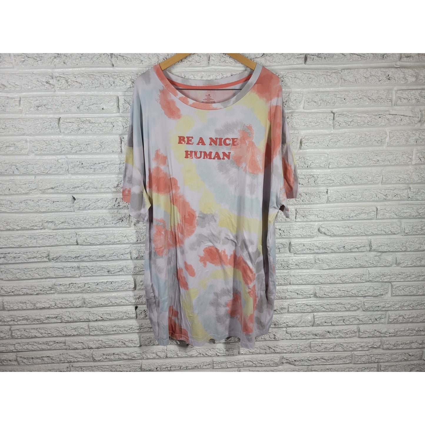 Secret Treasures Womens Pajama Top 2X 3X Plus Gown Be a Nice Human Pink Tie Dye