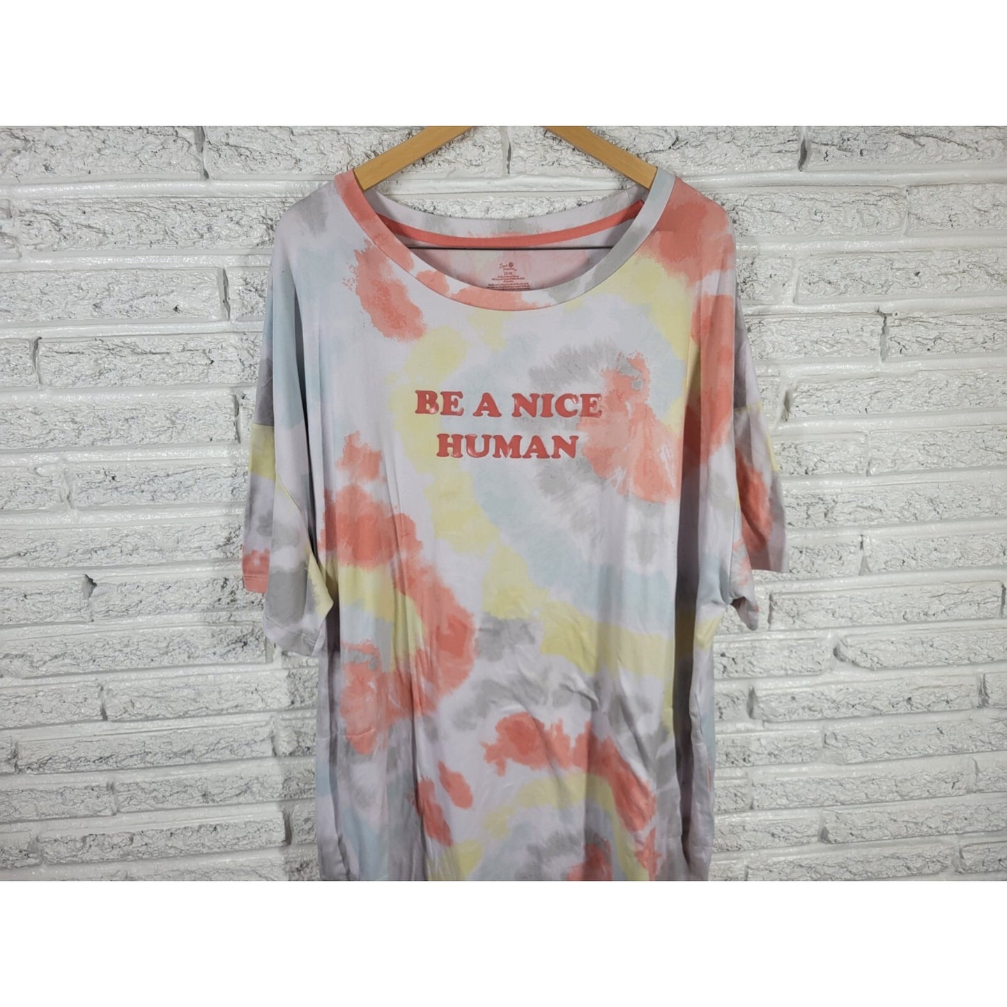 Secret Treasures Womens Pajama Top 2X 3X Plus Gown Be a Nice Human Pink Tie Dye