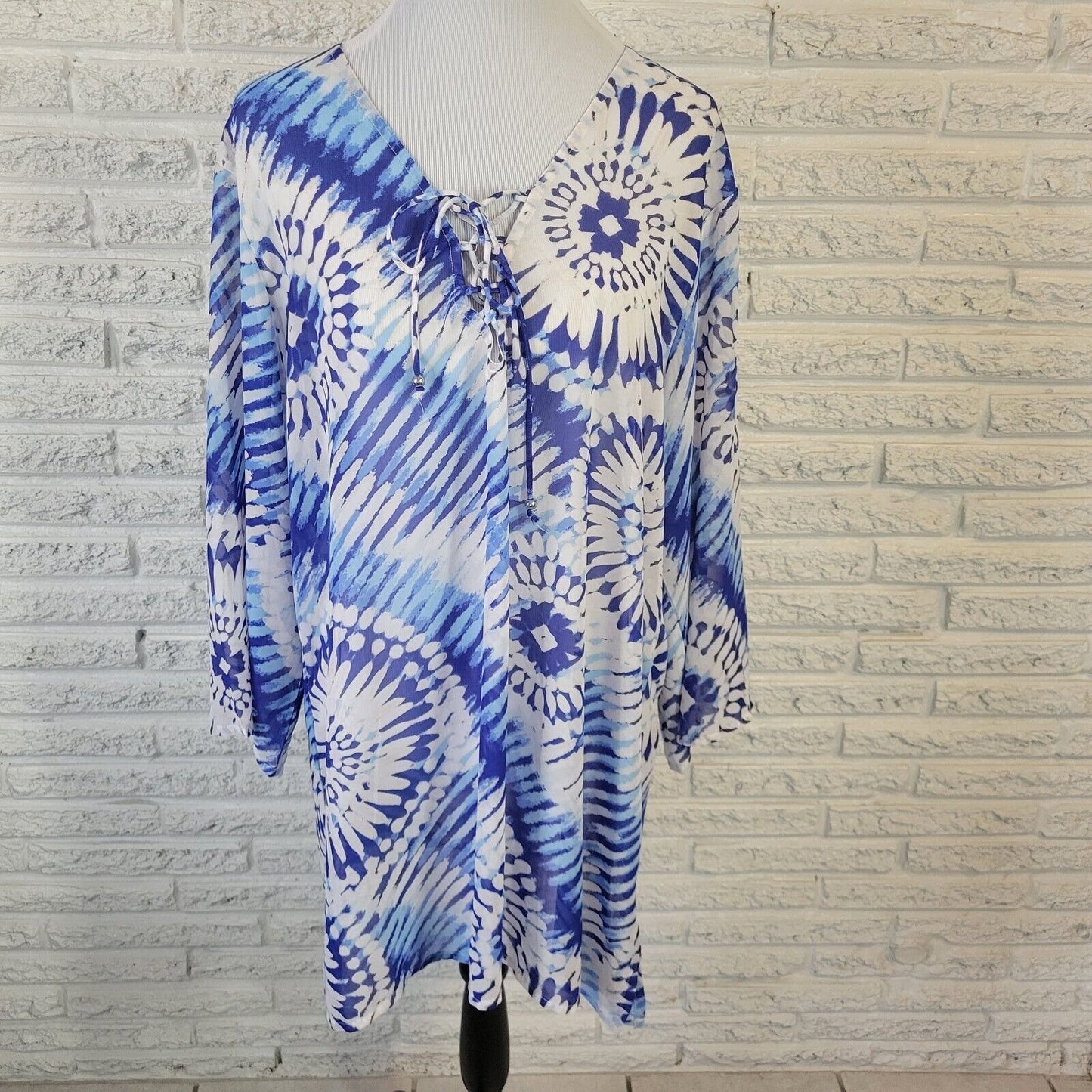 Ana Womens Top 2X Tunic 3/4 Sleeve Blue Tie Dye Lace Up Lightweight Sheer Casual
