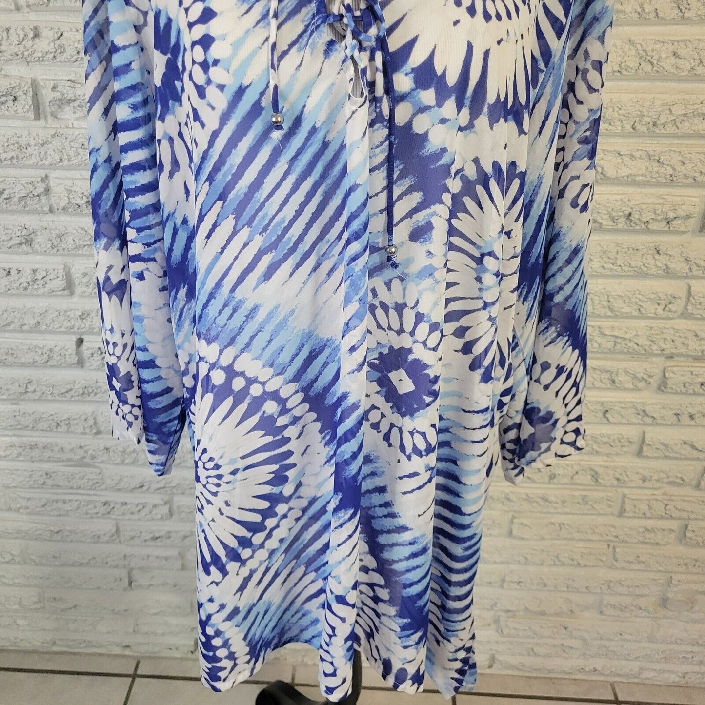 Ana Womens Top 2X Tunic 3/4 Sleeve Blue Tie Dye Lace Up Lightweight Sheer Casual