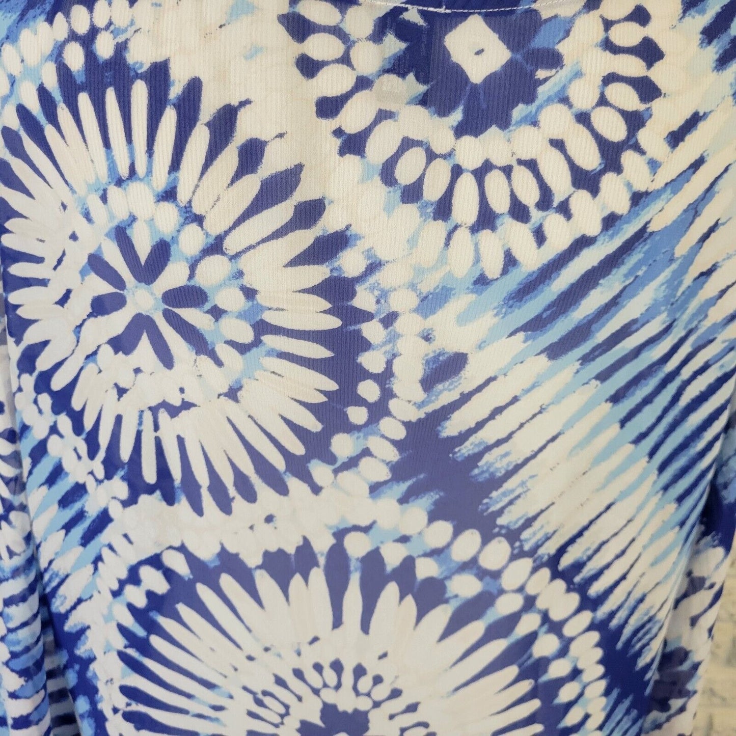 Ana Womens Top 2X Tunic 3/4 Sleeve Blue Tie Dye Lace Up Lightweight Sheer Casual