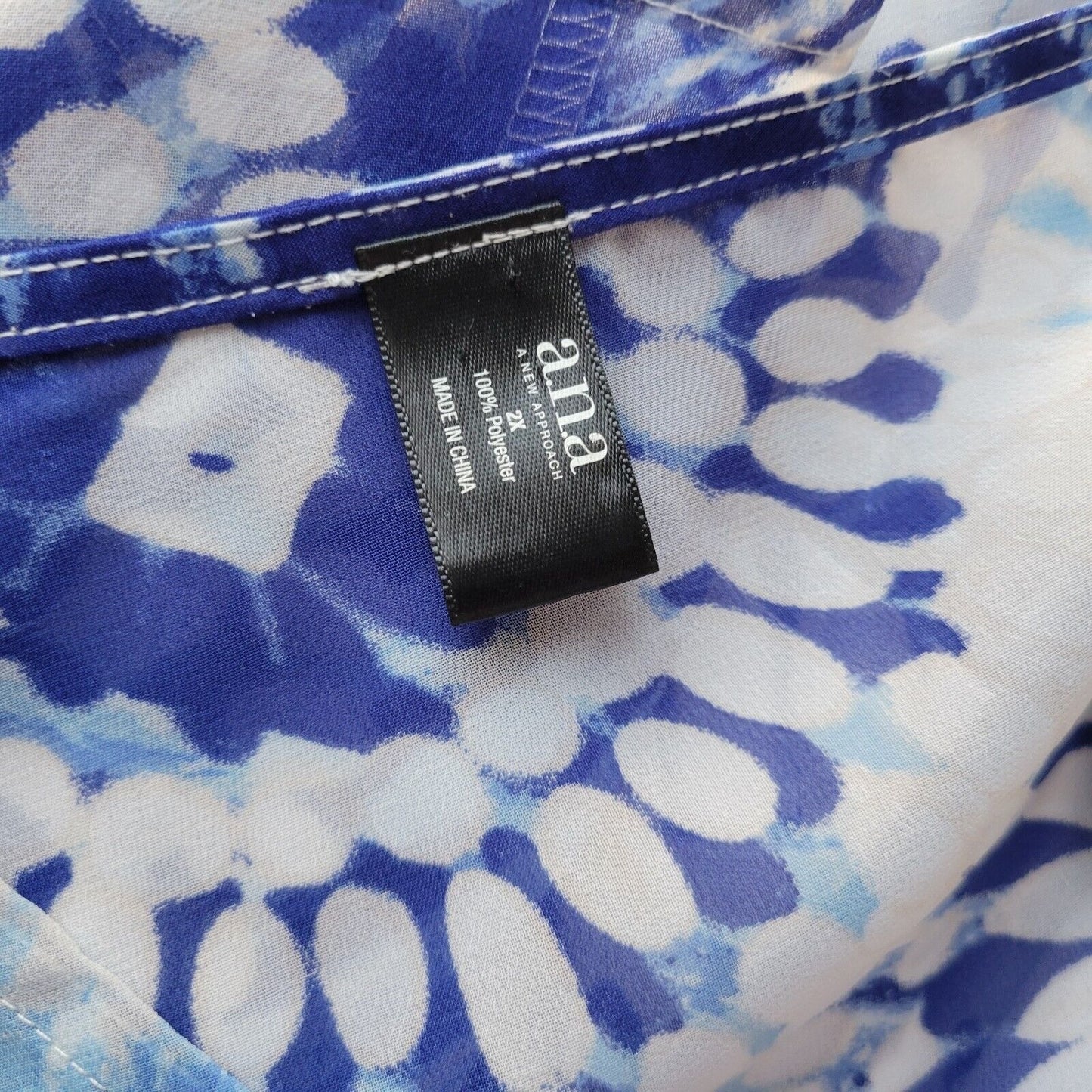 Ana Womens Top 2X Tunic 3/4 Sleeve Blue Tie Dye Lace Up Lightweight Sheer Casual