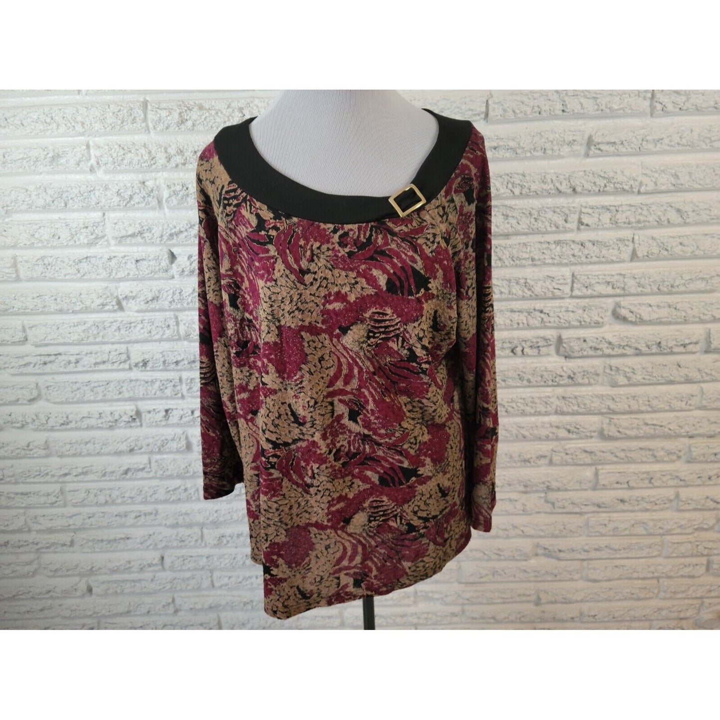 Fashion Bug Womens Top 18 20 Pullover Long Sleeve Poly Blend Burgundy Floral