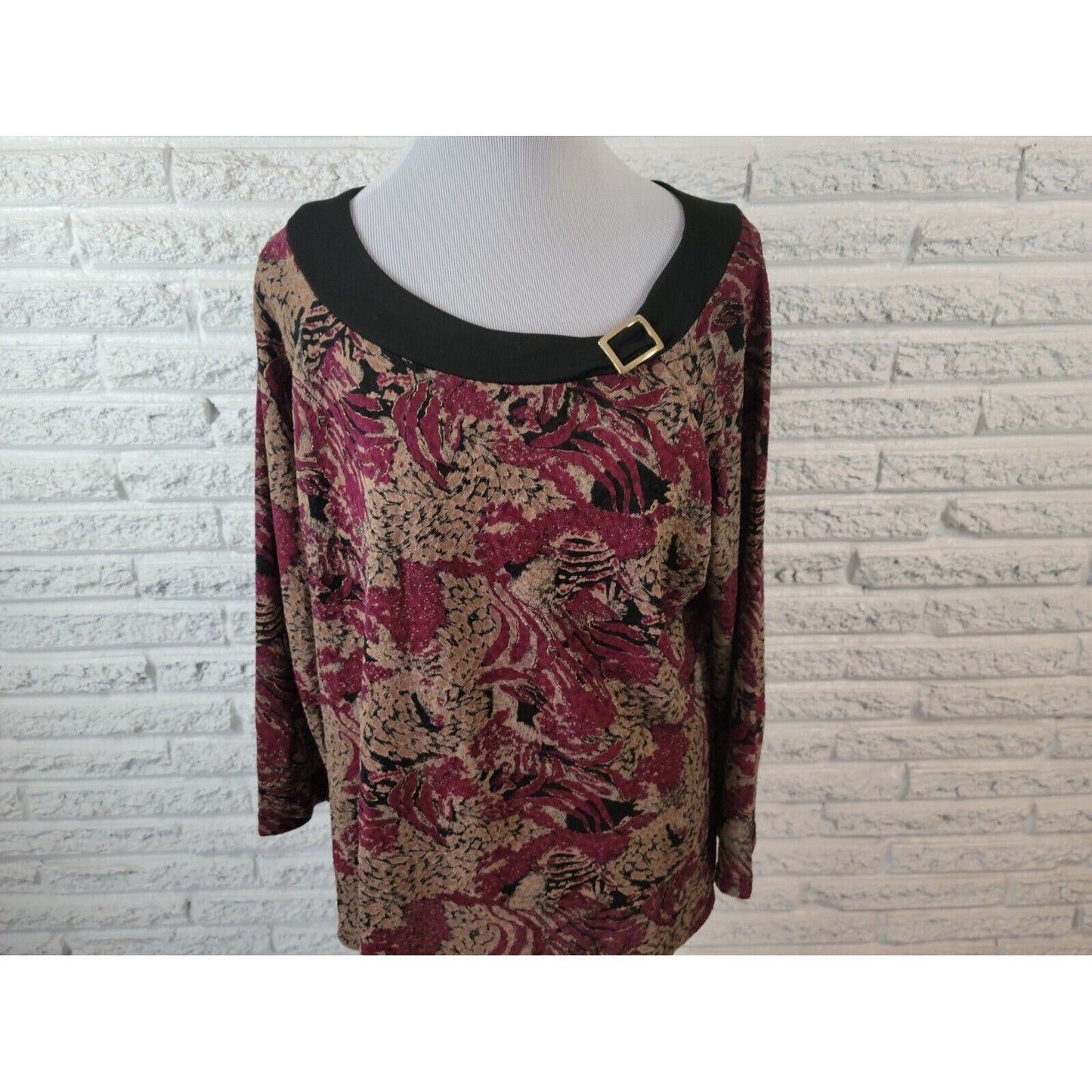 Fashion Bug Womens Top 18 20 Pullover Long Sleeve Poly Blend Burgundy Floral