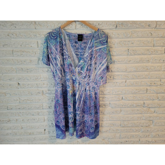 Catalina 1X Plus Size Swim Cover-Up Blue Geometric Batwing Sleeve Beach Pool