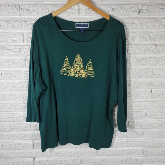 Christmas Karen Scott Womens Top 2X Plus 3/4 Sleeve Green Embroidered Rhinestone