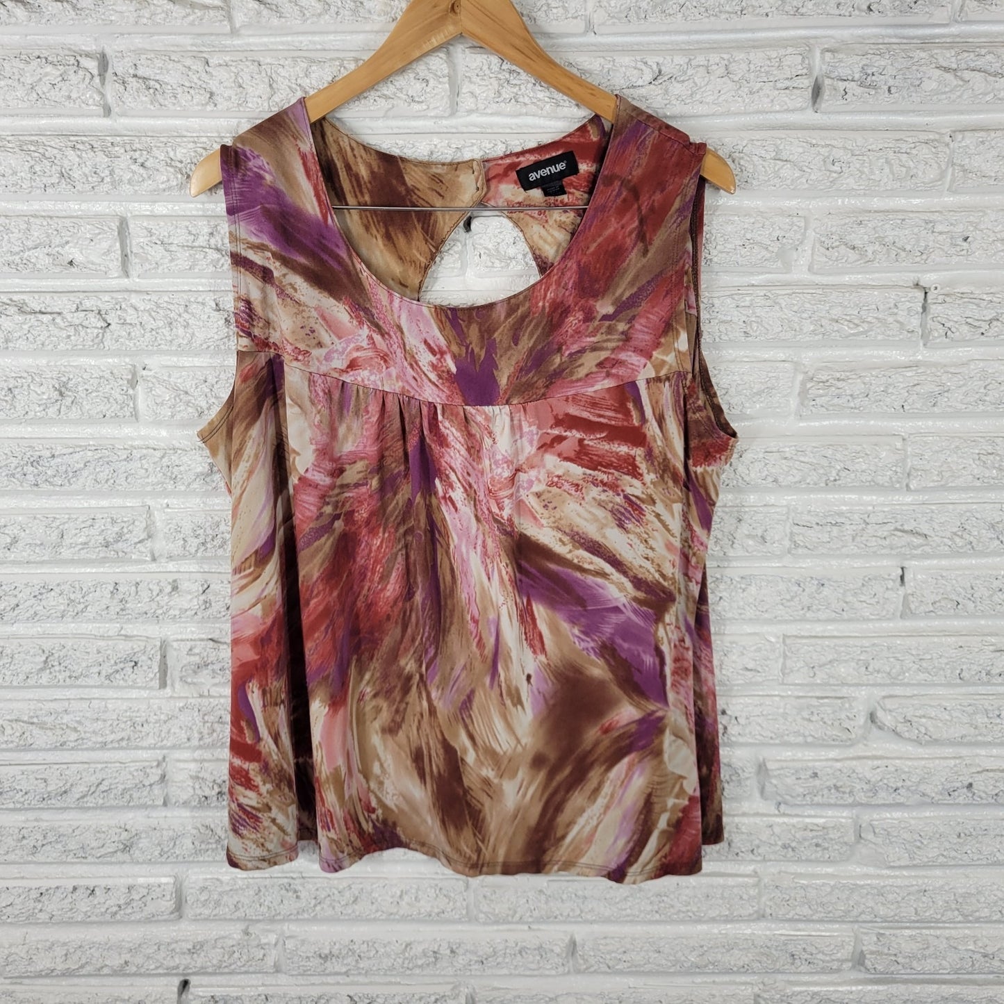 Avenue Women Top 18 20 Plus Tank Purple Brown Watercolor Back Window Lightweight