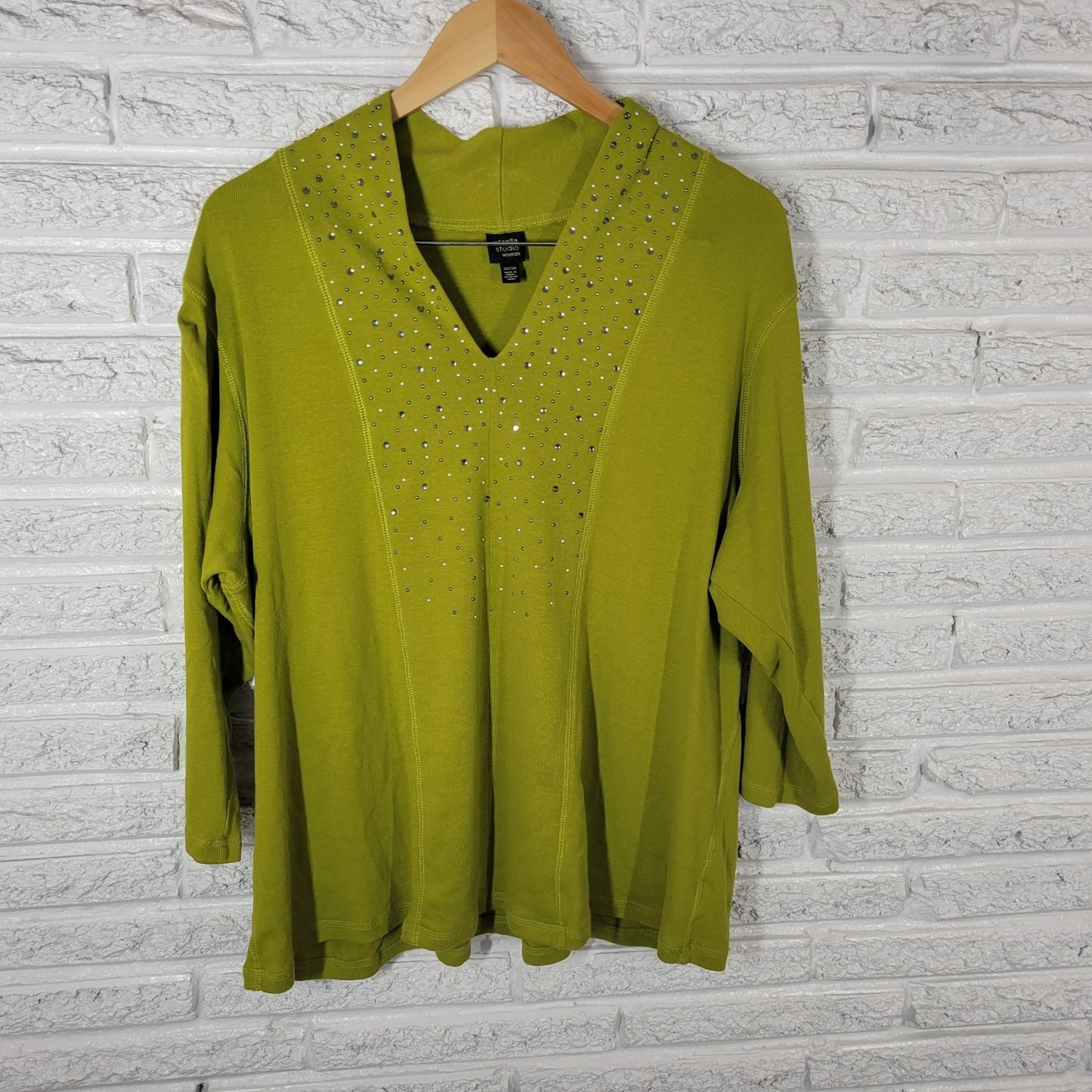 Rafaella Studio Womens Top 3X Plus Knit 3/4 Sleeve Green Cotton Rhinestone Comfy