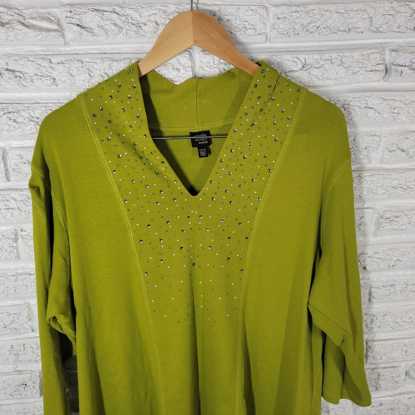 Rafaella Studio Womens Top 3X Plus Knit 3/4 Sleeve Green Cotton Rhinestone Comfy