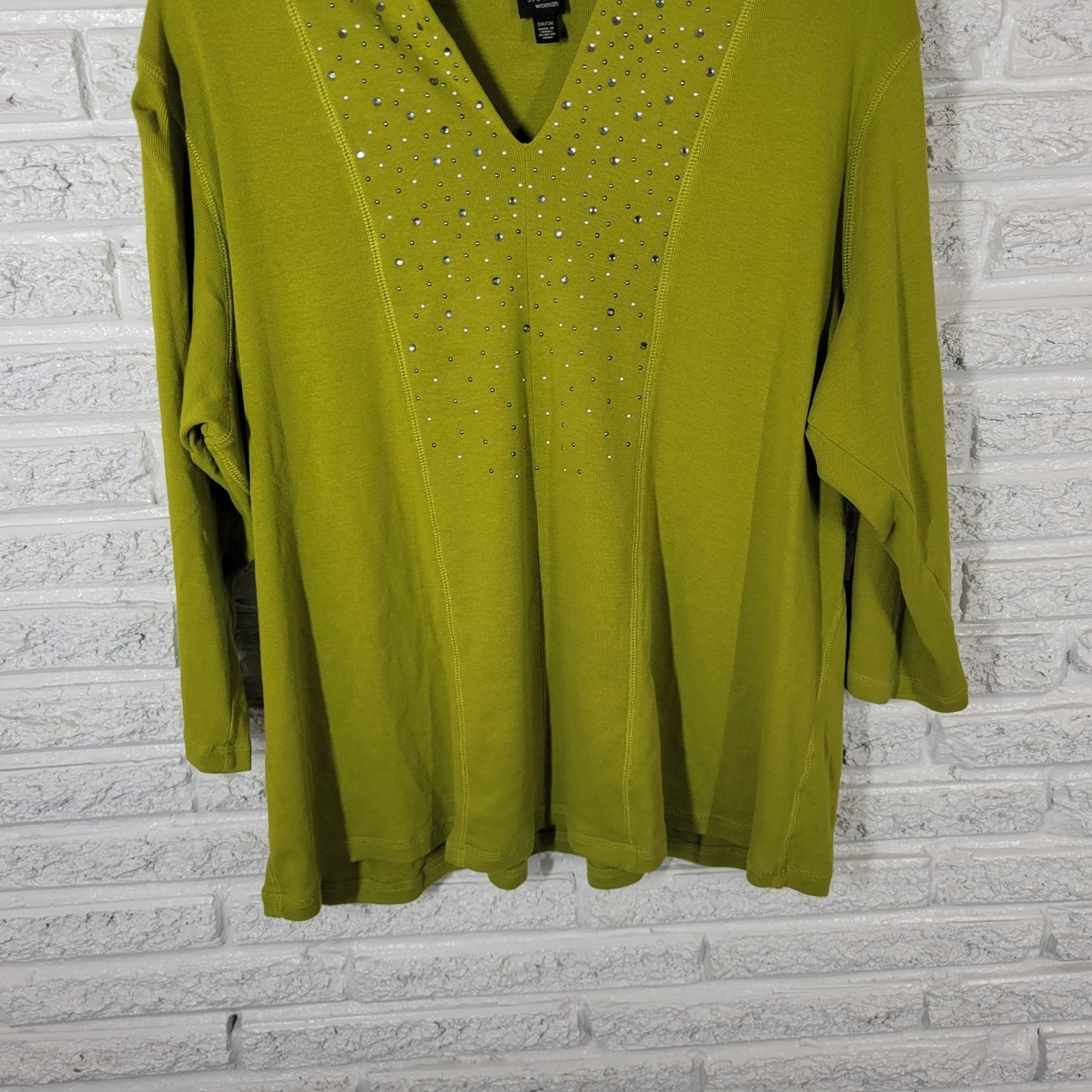 Rafaella Studio Womens Top 3X Plus Knit 3/4 Sleeve Green Cotton Rhinestone Comfy