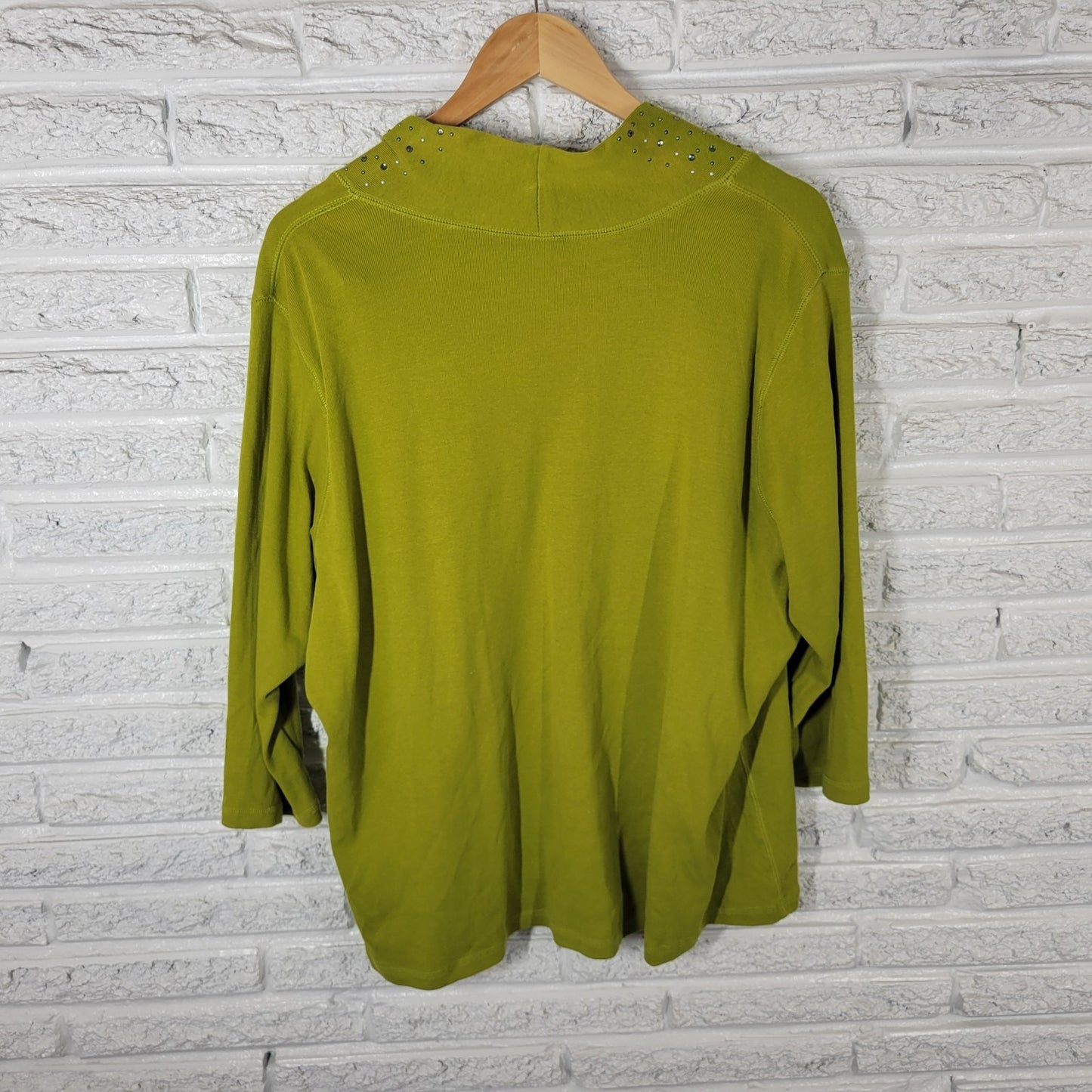Rafaella Studio Womens Top 3X Plus Knit 3/4 Sleeve Green Cotton Rhinestone Comfy
