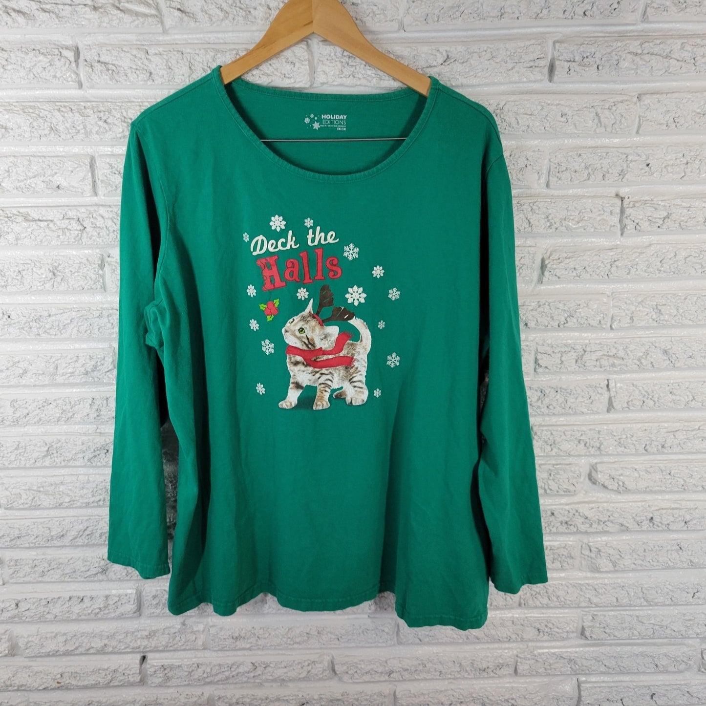 Christmas Holiday Editions Womens Top 3X Plus Tee Cat Reindeer Deck the Halls