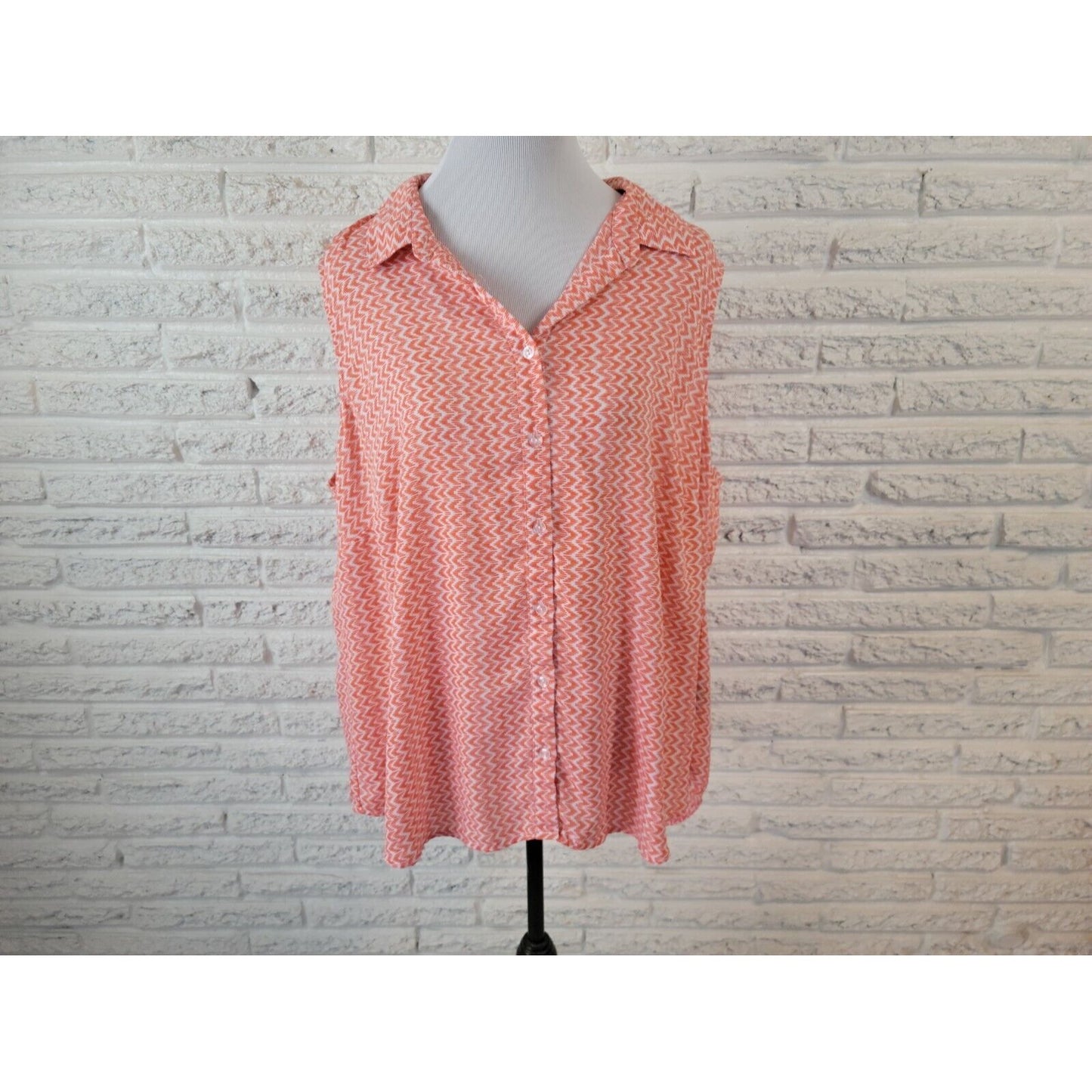 Zac Rachel Women Top 3X Sleeveless Orange Geometric Button Up Collar Lightweight