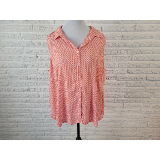Zac Rachel Women Top 3X Sleeveless Orange Geometric Button Up Collar Lightweight