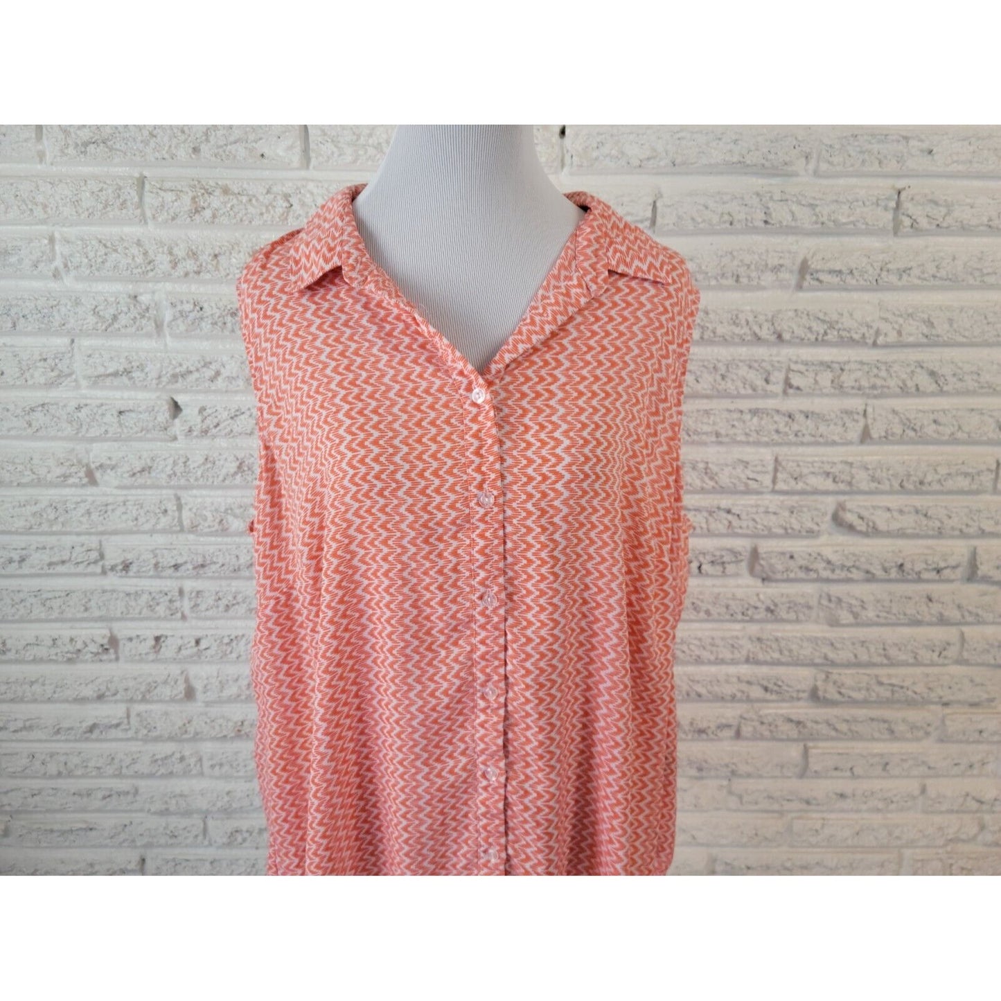 Zac Rachel Women Top 3X Sleeveless Orange Geometric Button Up Collar Lightweight