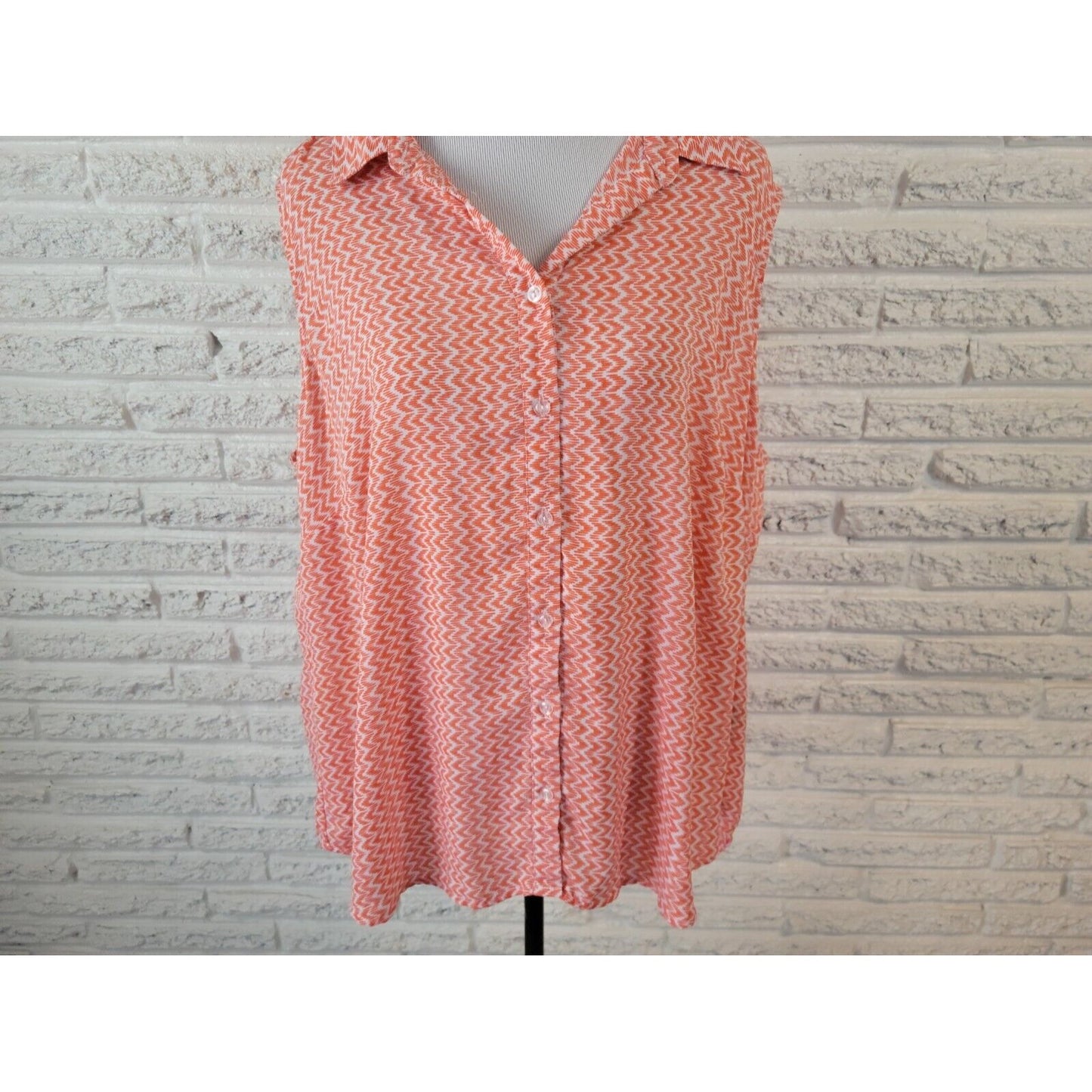 Zac Rachel Women Top 3X Sleeveless Orange Geometric Button Up Collar Lightweight