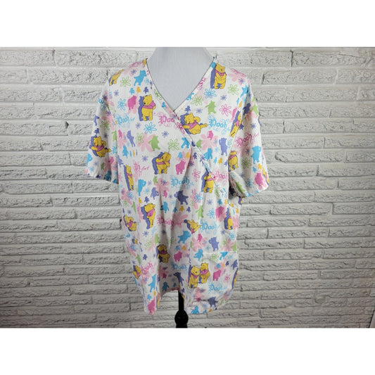 Disney Winnie Pooh Unisex Scrub Top 2X Plus Short Sleeve Pink Poly Blend Pockets