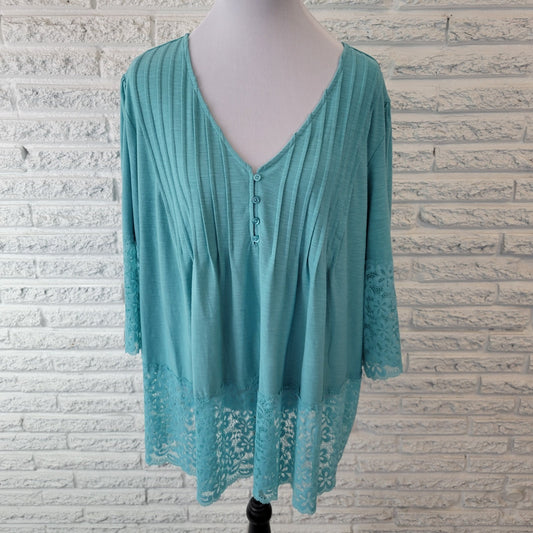 Roamans Womens Top 1X Plus Tunic Lace Bell Sleeve Blue Pintuck Casual Button Up