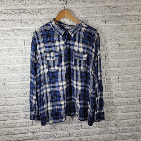 Cato Est 1946 Women Top 26W 28W Plus Long Sleeve Blue Plaid Pockets Rayon