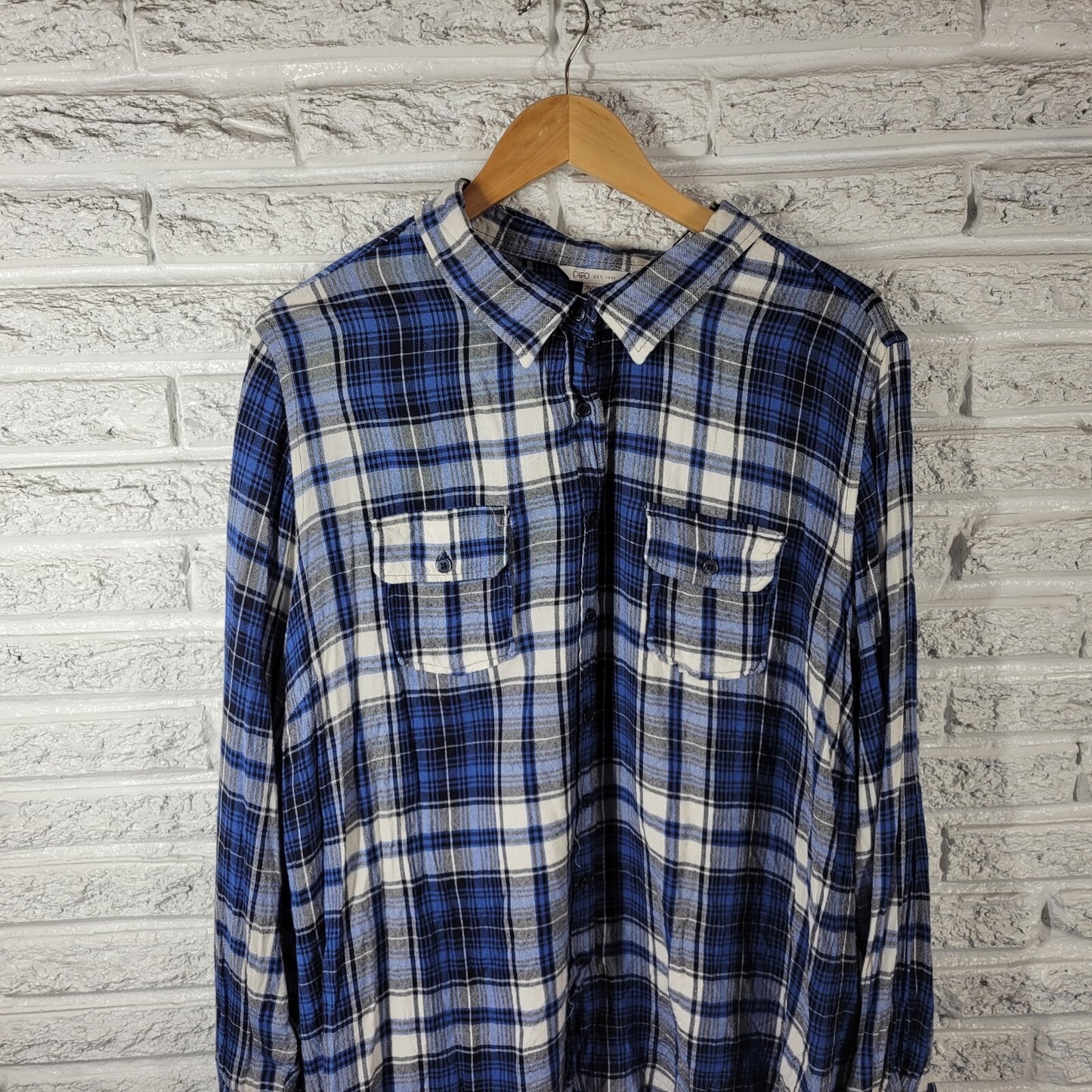 Cato Est 1946 Women Top 26W 28W Plus Long Sleeve Blue Plaid Pockets Rayon